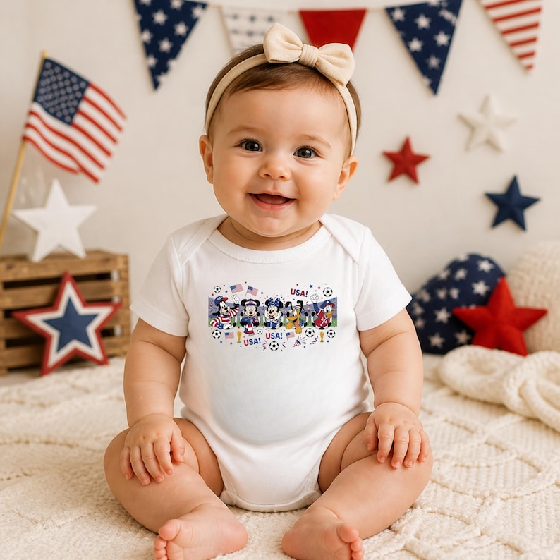 Pu&ograve; includere: Un body bianco per neonati con una grafica colorata con personaggi dei cartoni animati, palloni da calcio e la scritta "USA!". Lo sfondo include bandiere americane e decorazioni patriottiche. Il bambino indossa una fascia beige con fiocco.