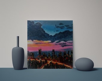 Twilight Cityscape Acrylic Painting: Sunset Nightscape Wall Art (12x12 inches)