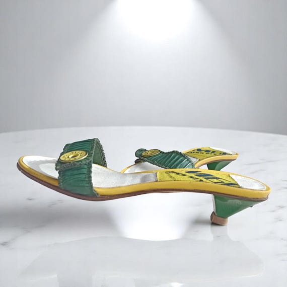Vintage women shoes 2000s Y2K barefoot sandals Yellow green leather mules. Stiletto sandals. Kitten hell dress shoes Miss Sixty EU 38 US 7