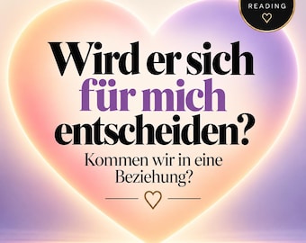 Könnte beinhalten: Eine Grafik mit einem leuchtenden, weich gezeichneten Herz in Pfirsich- und Violetttönen. Der Text lautet: DIE LIEBESSEHERIN, TAROT READING, Wird er sich für mich entscheiden? Kommen wir in eine Beziehung? Ein kleines Herzsymbol ist unten mittig platziert.