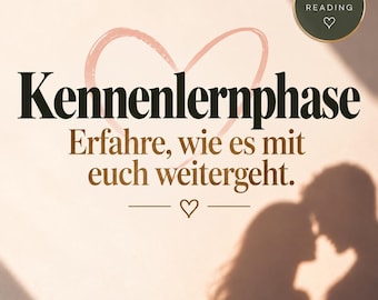 Könnte beinhalten: Eine beige Grafik mit einer rosa Herz-Kontur und dem Text "DIE LIEBESSEHERIN", "TAROT READING", "Kennenlernphase" und "Erfahre, wie es mit euch weitergeht." Eine dunkle Silhouette zweier sich gegenüberstehender Personen ist unten rechts zu sehen.
