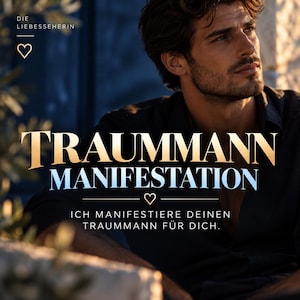 Könnte beinhalten: Ein Mann mit dunklem Haar in einem schwarzen Hemd. Das Bild enthält den Text: DIE LIEBESSEHERIN, ein Herz-Symbol, TRAUMMANN MANIFESTATION, ein weiteres Herz-Symbol und den Text: ICH MANIFESTIERE DEINEN TRAUMMANN FÜR DICH. Warme, goldene Beleuchtung.