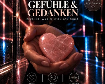 Könnte beinhalten: Ein polierter rosafarbener herzförmiger Stein in den Handflächen vor einem dunklen Hintergrund mit blauen und roten Lichtstreifen. Text: TAROT READING, GEFÜHLE & GEDANKEN, ERKENNE, WAS ER WIRKLICH FÜHLT, EHRLICH INTUITIV PERSÖNLICH, SEINE GEFÜHLE, SEINE GEDANKEN, KLARHEIT FÜR DICH.