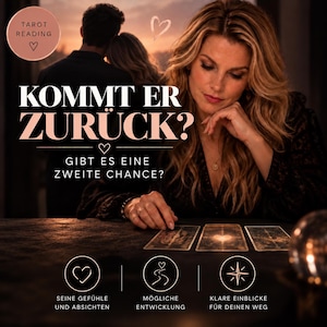 Könnte beinhalten: Eine Tarot-Lesung-Werbung mit einer Person, die auf drei Karten auf einem Tisch schaut. Der Text lautet: TAROT READING, KOMMT ER ZURÜCK?, GIBT ES EINE ZWEITE CHANCE?, SEINE GEFÜHLE UND ABSICHTEN, MÖGLICHE ENTWICKLUNG, KLARE EINBLICKE FÜR DEINEN WEG.