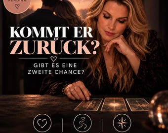 Op de afbeelding: Een tarot-lezing advertentie met een persoon die naar drie kaarten op een tafel kijkt. De tekst luidt: TAROT READING, KOMMT ER ZURÜCK?, GIBT ES EINE ZWEITE CHANCE?, SEINE GEFÜHLE UND ABSICHTEN, MÖGLICHE ENTWICKLUNG, KLARE EINBLICKE FÜR DEINEN WEG.