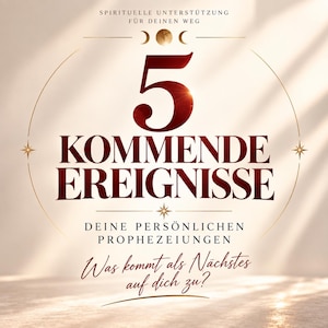 Könnte beinhalten: Ein grafisches Design mit dem Text 5 KOMMENDE EREIGNISSE, SPIRITUELLE UNTERSTÜTZUNG FÜR DEINEN WEG, DEINE PERSÖNLICHEN PROPHEZEIUNGEN und Was kommt als Nächstes auf dich zu? mit einem zentralen Mondsymbol und Sternakzenten in Dunkelrot.