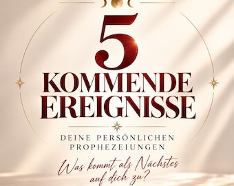 May include: A graphic design featuring the text 5 KOMMENDE EREIGNISSE, SPIRITUELLE UNTERSTÜTZUNG FÜR DEINEN WEG, DEINE PERSÖNLICHEN PROPHEZEIUNGEN, and Was kommt als Nächstes auf dich zu? with a central moon icon and star accents in dark red.