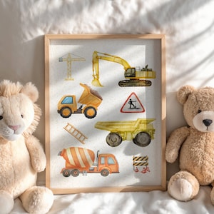Watercolor Construction Trucks Prints, Boys Room Wall Art, INSTANT Download, Construction Nursery Decor, Playroom Truck Vehicles Posters