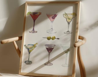 Cocktail Kunstdruck, Aquarell Cocktails Illustration, Bar Dekor, Wandkunst Küche, Martini Print