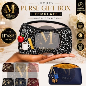 Op de afbeelding: Een zwart-wit patroon portemonnee geschenkdoos sjabloon met de tekst "LUXURY PURSE GIFT BOX TEMPLATE DIGITAL DOWNLOAD". De portemonnee is 28 cm x 22 cm en heeft een ritssluiting. Het bevat een bedel met een rode appel, een mok en een liniaal.