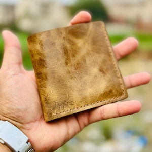Portefeuille en cuir à deux volets fait main en cuir doré, fin et élégant, 4 à 8 emplacements pour cartes Compartiment monnaie Portefeuille fin en cuir à deux volets pour homme