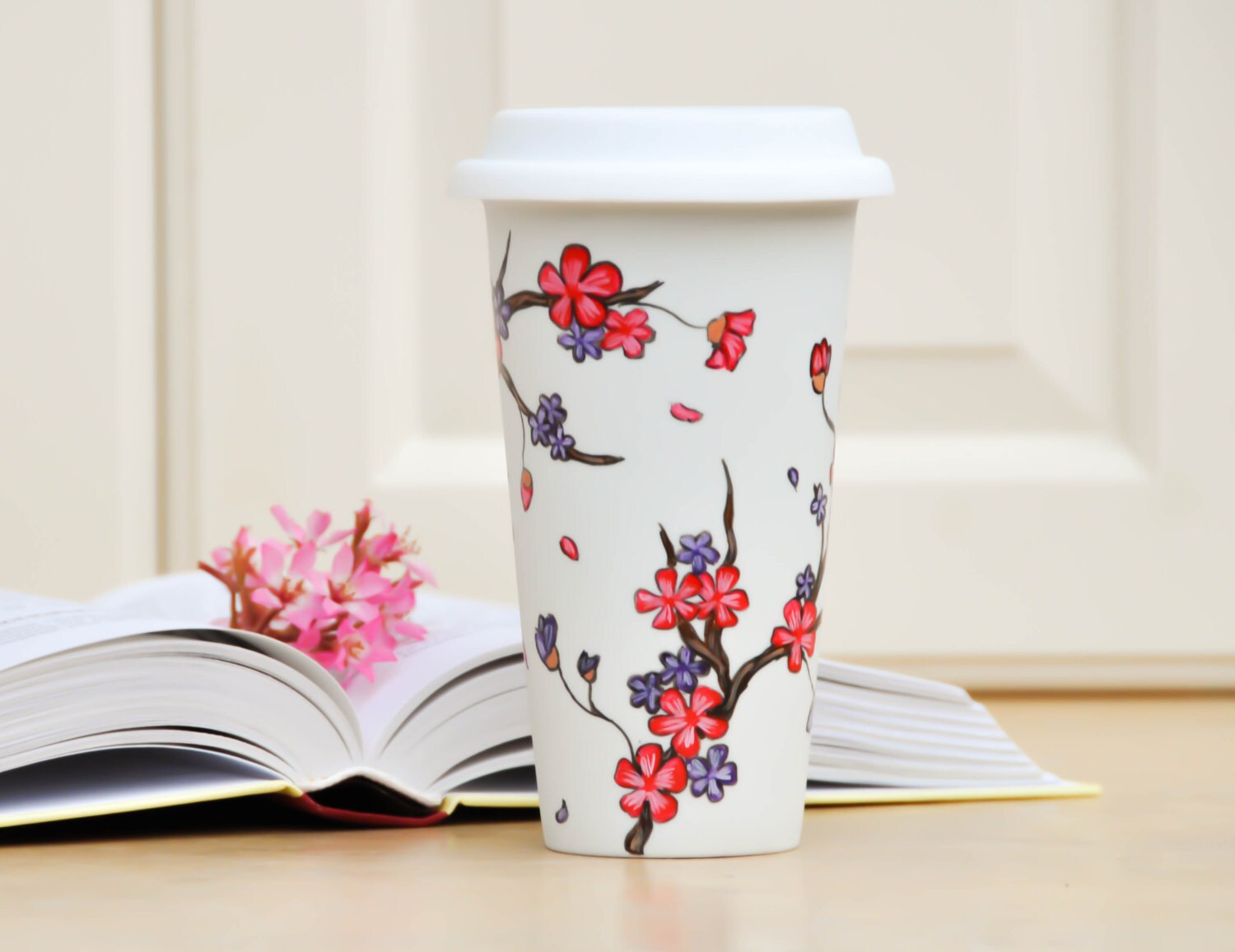Pink Purple Cherry Blossoms Ceramic Travel mug Made to Order | Etsy