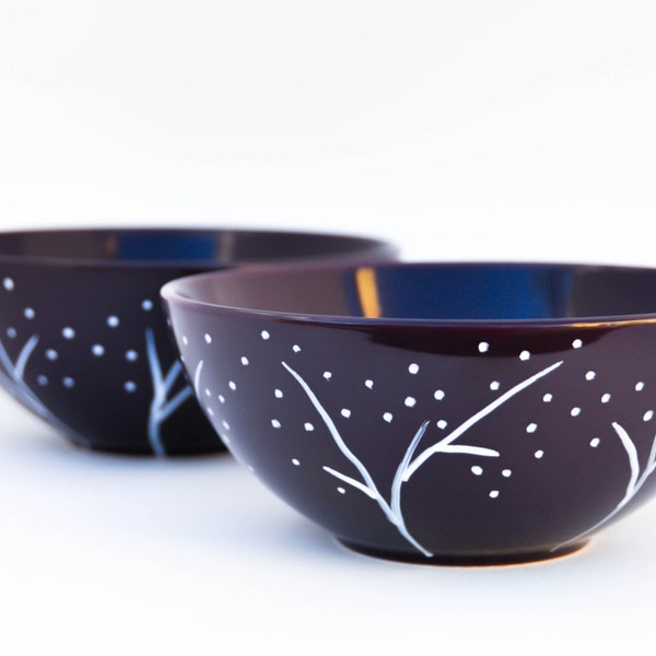 White and Purple Soup Bowls - Forest Night - Hand Painted Ceramic  Dinner Set - Made to Order