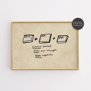 May include: A framed print with a gold border displays a hand-drawn design. The artwork shows keyboard keys labelled "Ctrl", "Alt", and "Del", with the phrases "Control yourself", "Alter your thoughts", and "Delete negativity". A digital download sticker is on the top right.