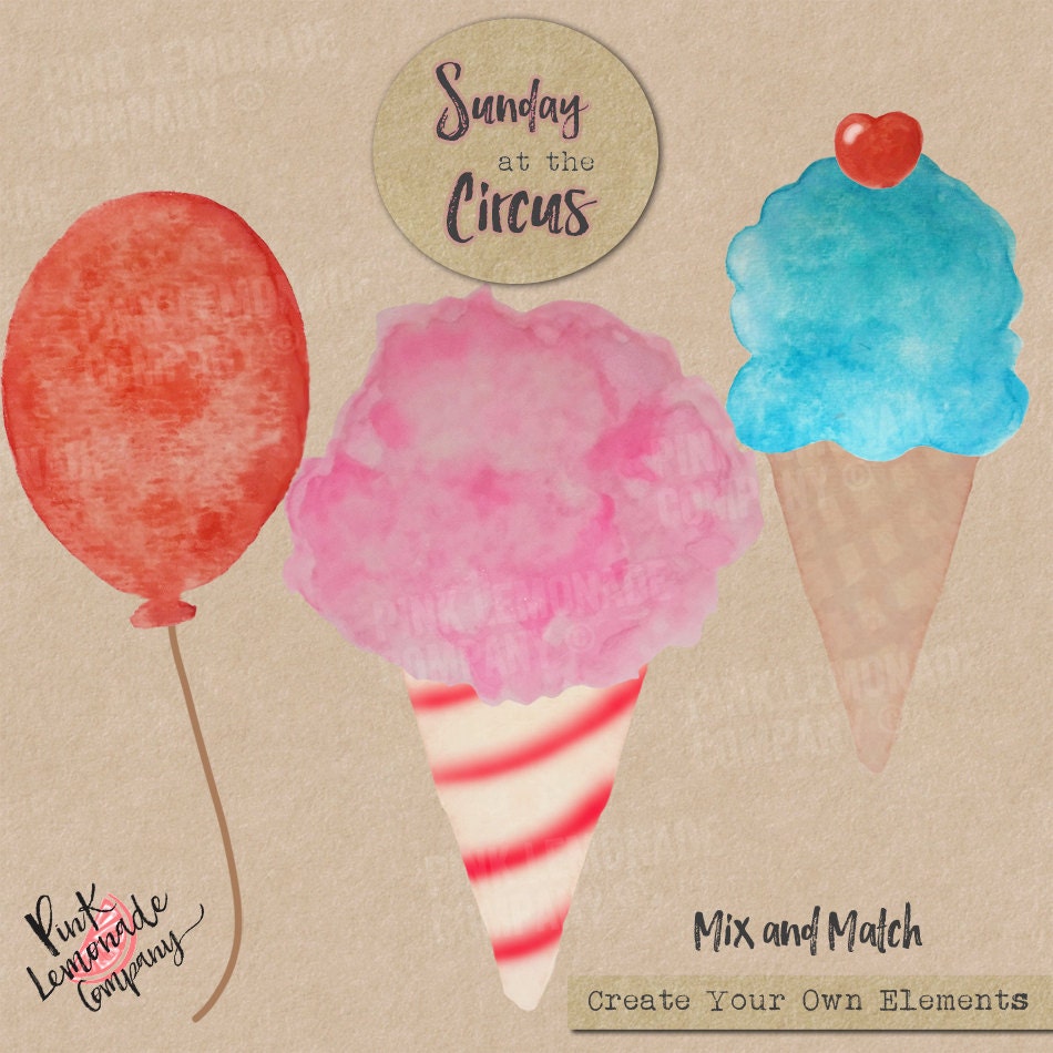 Watercolor Circus Cotton Candy Balloons Ice Cream Cone digital Etsy