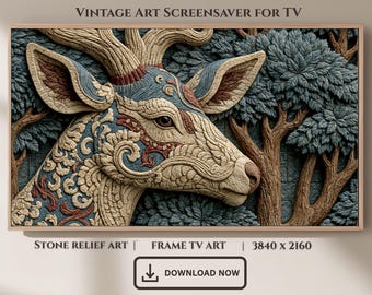 Majestic Deer Stone Relief Art, Enchanted Forest TV Frame Art (Digital Download)