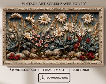 Wildflower Meadow Stone Relief Frame TV Art (Digital Download)