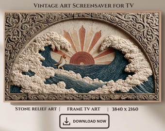 Stone Relief Sunrise Ocean Waves Frame TV Art (Digital Download)