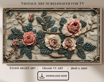 Classic Rose Stone Relief Frame TV Art, Elegant Floral Screensaver, Botanical Decor (Digital Download)