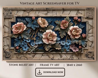 Peony Stone Relief Frame TV Art, Vintage Floral Botanical Wallpaper (Digital Download)
