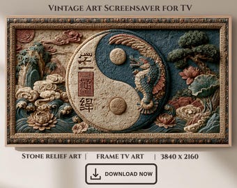 Yin-Yang Dragon Stone Relief Frame TV Art, Oriental Screensaver, Spiritual Decor (Digital Download)