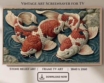 Koi Fish Stone Relief Art, Serene Pond TV ScreenSaver, Zen Wall Decor (Digital Download)