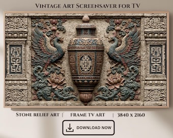 Stone Relief Phoenix Vase Art, Vintage Frame TV Screensaver (Digital Download)