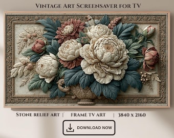 Vintage Stone Relief Floral Bouquet TV Art, Elegant Botanical Screensaver (Digital Download)