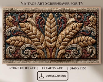 Stone Relief Wheat Sheaf TV Art, Rustic Botanical Frame Decor (Digital Download)