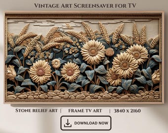 Sunflower Wheat Field Stone Relief Frame TV Art (Digital Download)