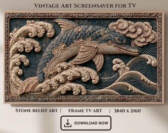 Dolphin Stone Relief Frame TV Art, Vintage Coastal Screensaver (Digital Download)