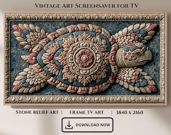 Sea Turtle Stone Relief Frame TV Art, Ornate Coastal ScreenSaver (Digital Download)