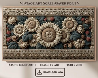 Sunflower Stone Relief Frame TV Art, Botanical Floral Screensaver (Digital Download)