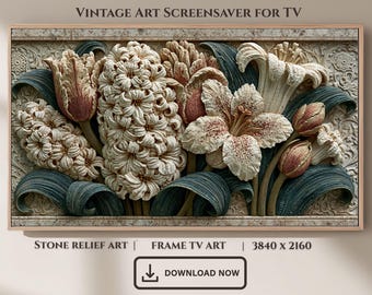 Botanical Stone Relief Frame TV Art, Hyacinth Lily Floral Screensaver (Digital Download)
