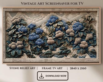 Hydrangea Stone Relief Art, Vintage Floral Frame TV Art (Digital Download)