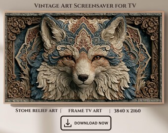 Mythic Fox Stone Relief Art, Enchanted Folk Frame TV Wallpaper (Digital Download)