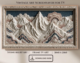Majestic Mountain Stone Relief Frame TV Art, Serene Landscape Screensaver (Digital Download)