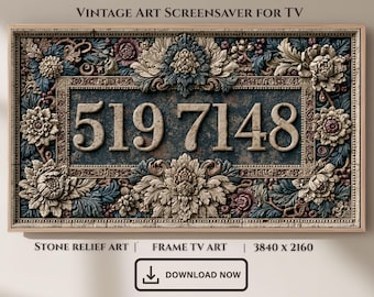 Ornate Floral Stone Relief Frame TV Art, Botanical Screensaver (Digital Download)