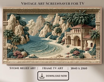 Mediterranean Villa Stone Relief Art, Coastal Beach Landscape Frame TV Art (Digital Download)
