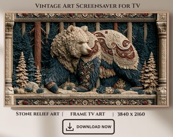 Majestic Bear Stone Relief Art, Woodland Forest TV Wallpaper (Digital Download)