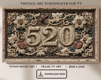 Ornate Floral 520 Stone Relief Frame TV Art, Botanical Wall Decor (Digital Download)