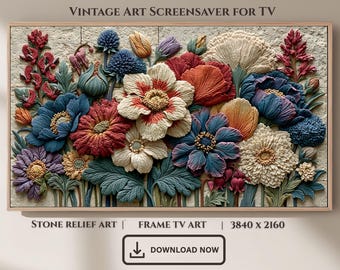 Vibrant Stone Relief Floral Art, Vintage Botanical Frame TV Art (Digital Download)