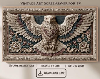 Majestic Eagle Stone Relief Frame TV Art, Ornate Floral Heritage Decor (Digital Download)