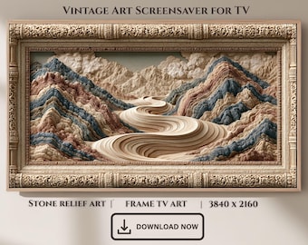 Zen River Valley Stone Relief Frame TV Art, Serene Mountain Landscape Screensaver (Digital Download)