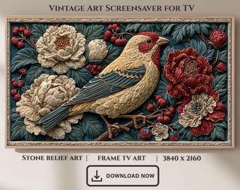 Stone Relief Songbird Peony Garden Art, Vintage TV Wallpaper (Digital Download)
