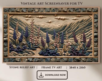 Stone Relief Lupin Meadow Frame TV Art, Serene Floral Landscape Screensaver (Digital Download)