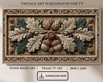 Oak Leaf Acorn Stone Relief Frame TV Art, Rustic Woodland Screensaver (Digital Download)