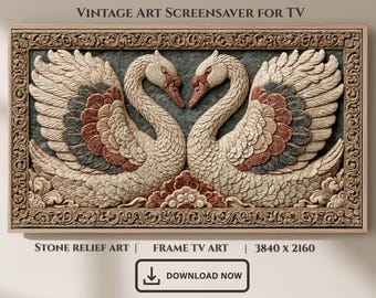 Stone Relief Swan Pair Art, Ornate Vintage Frame TV Wallpaper (Digital Download)