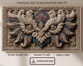 Mystic Owl Stone Relief Frame TV Art, Ornate Folk Wildlife Screensaver (Digital Download)