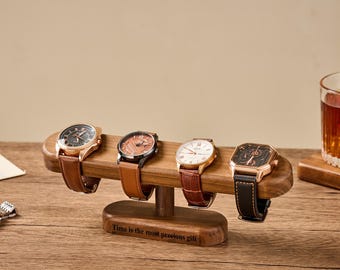 Handmade Walnut Watch Stand Holder for 4 Watches - Wooden Display Case Organizer with Personalized Engraving, Gift for Him, Christmas Gift